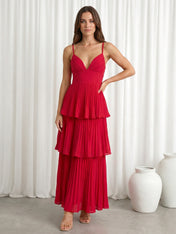 Red V Neck Spaghetti Straps A Line Maxi Dresses Tiered