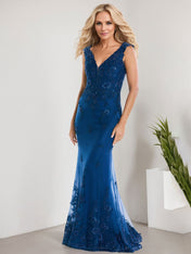 A-line V-Neck Floor-Length Lace Chiffon Mother of the Bride Dress With Applique Sequins Mermaid Dresses