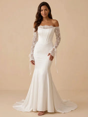 Off-the-Shoulder Lace-Trimmed Satin Mermaid Wedding Dress