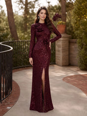 Elegant Burgundy Long Sleeve Sequin Evening Dress with Floral Appliqués