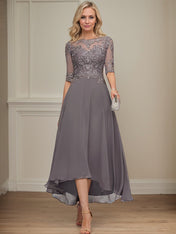 A-line Boat Neck Illusion Asymmetrical Chiffon Lace Mother of the Bride Dress With Sequins Beading
