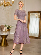 A Line Scoop Tea-Length Chiffon Mother of the Bride Dress With Appliques
