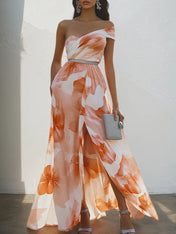 Orange Multicolor Floral Rhinestone Slit Chiffon One Shoulder Sleeveless A-Line Maxi Dress