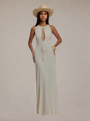 Ivory Chiffon Halter Neck Sleeveless Floor Length Pleated Bridesmaid Dress