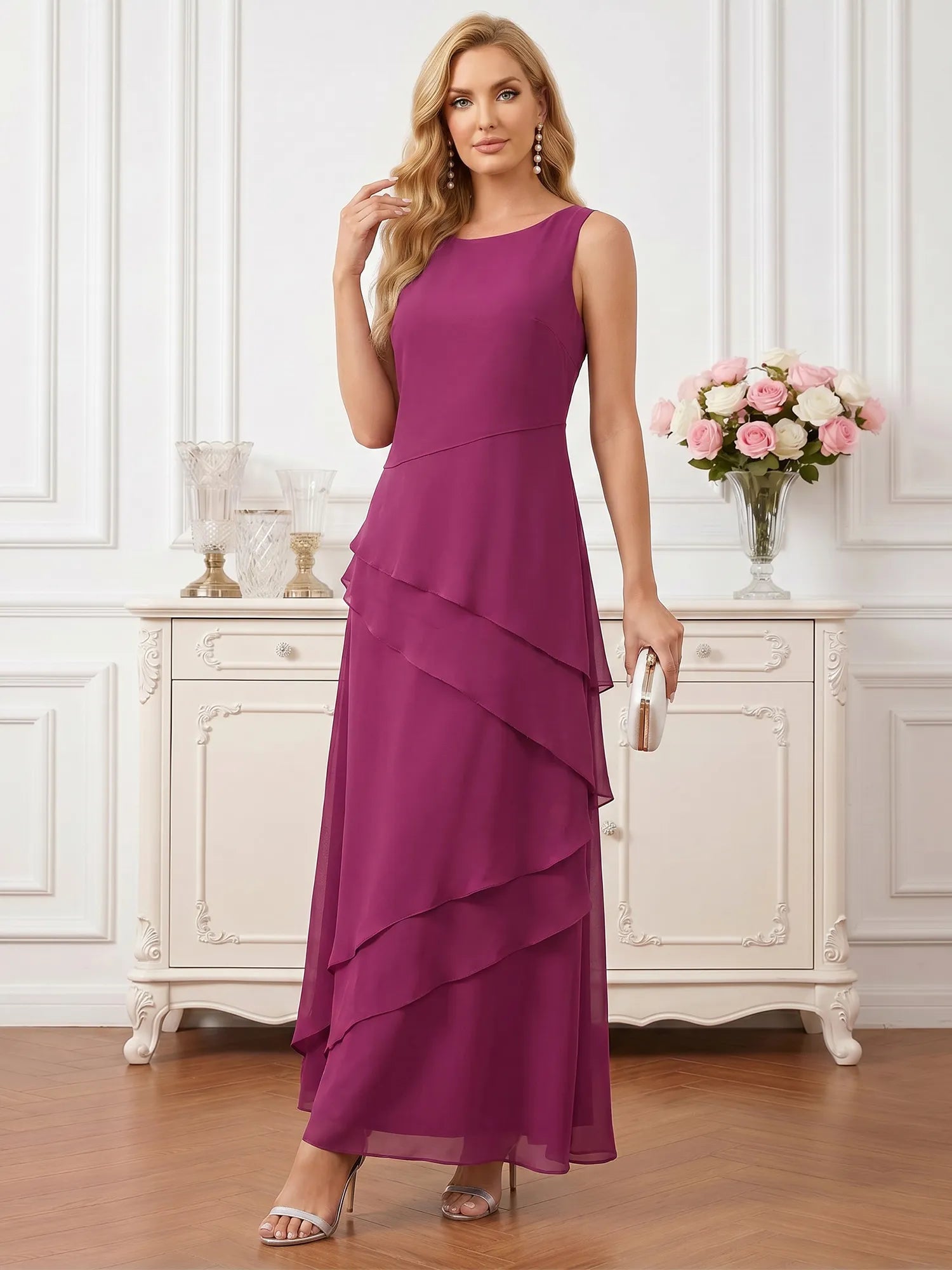 Round Neck Tiered Chiffon A-Line Mother of the Bride Dress with Matching Bolero Jacket