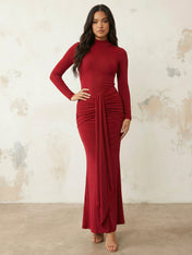 Burgundy Long Sleeves Mermaid Satin Maxi Dress Tea Length