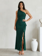 Green One Shoulder Mermaid Satin Slit Maxi Dress with Ruffle