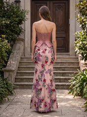 Strapless Structured Peplum Corset Embroidered Floral Mermaid Evening Dress