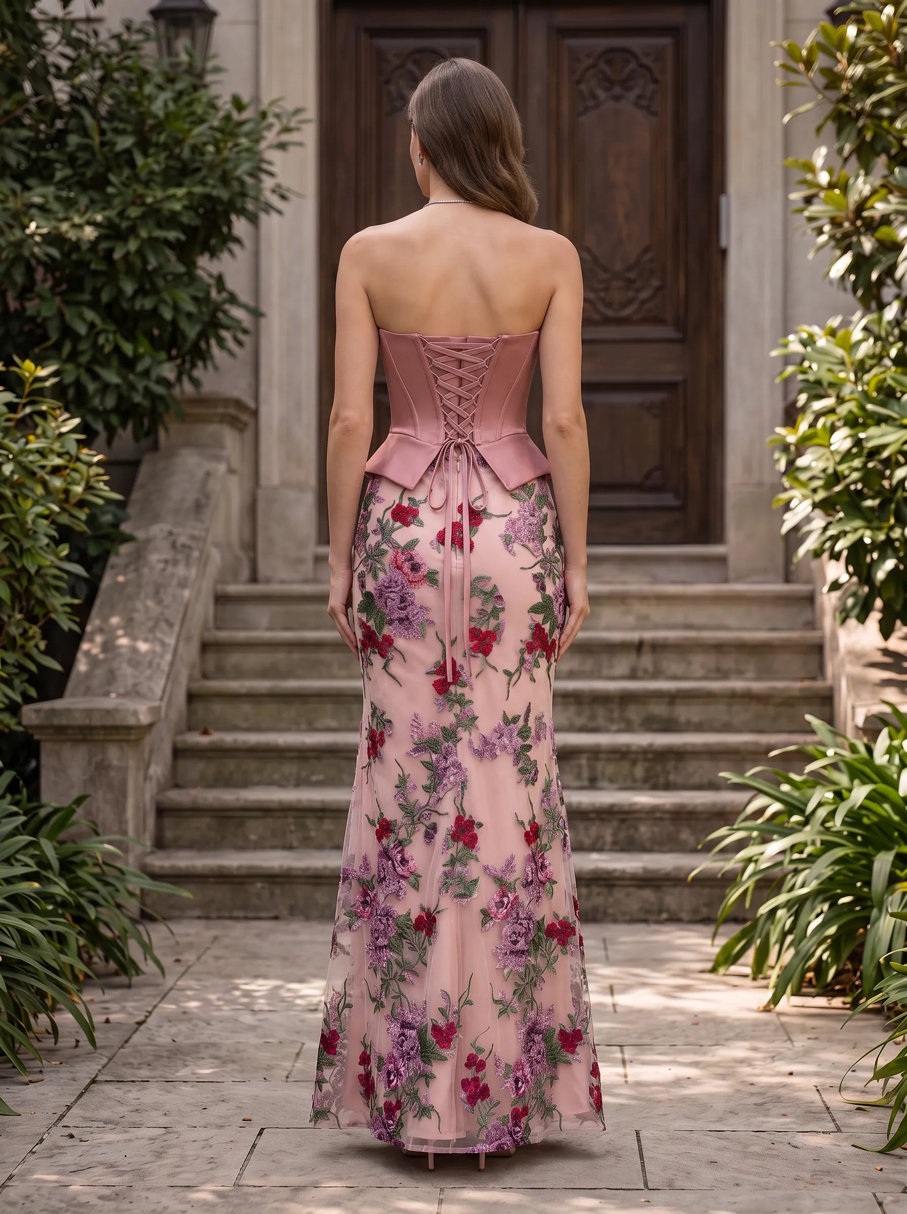 Strapless Structured Peplum Corset Embroidered Floral Mermaid Evening Dress