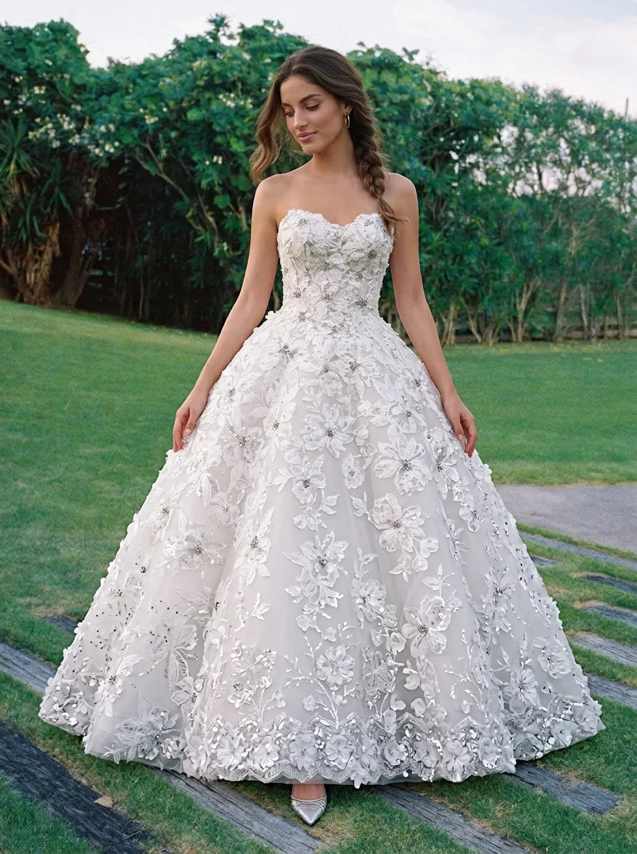 Strapless Sweetheart 3D Floral Applique White Ball Gown Wedding Dress