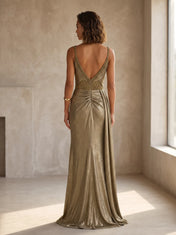 Beaded-Bustier Metallic Draped-Skirt Column Prom Dress