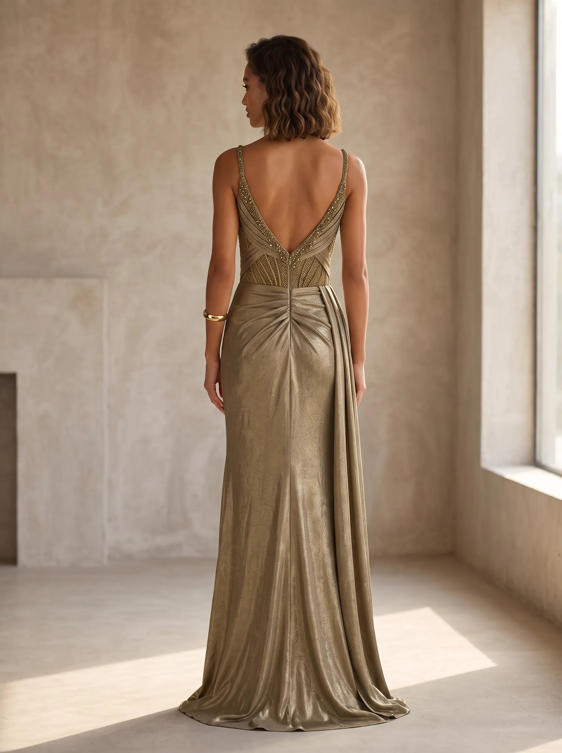 Beaded-Bustier Metallic Draped-Skirt Column Prom Dress
