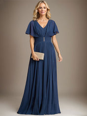A-line V-Neck Floor-Length Chiffon Mother of the Bride Dress With Crystal Brooch Pleated