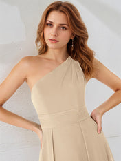 Champagne A Line Chiffon One Shoulder Sleeveless Floor Length Bridesmaid Dresses
