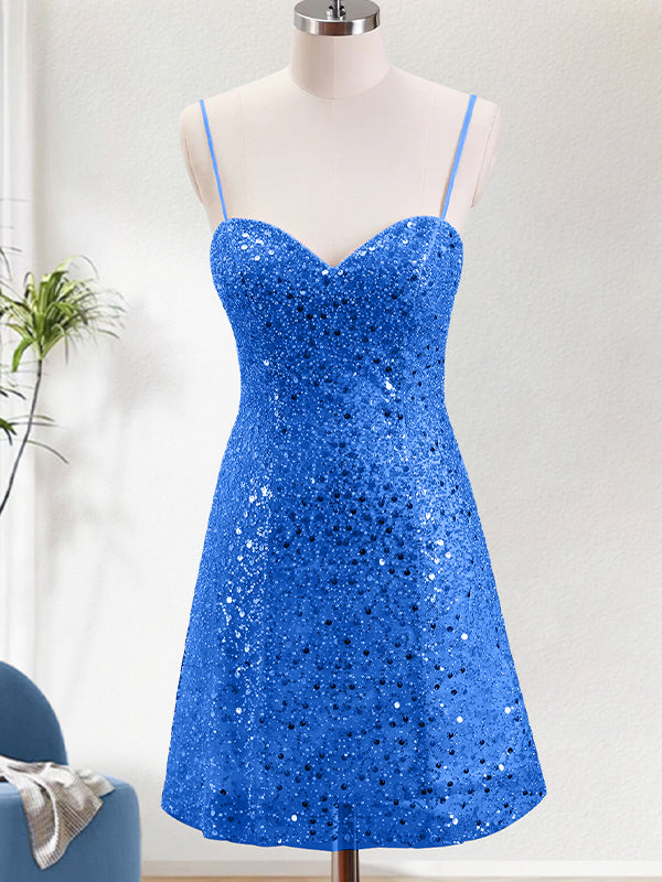 Sparkly Royal Blue Spaghetti Straps Corset Tight Short Homecoming Dress with Sequins