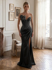 Strapless Beaded Floral-Accented Column Prom Dress with High Slit