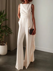 Women White Sleeveless Ruched Wide-Leg Jumpsuit
