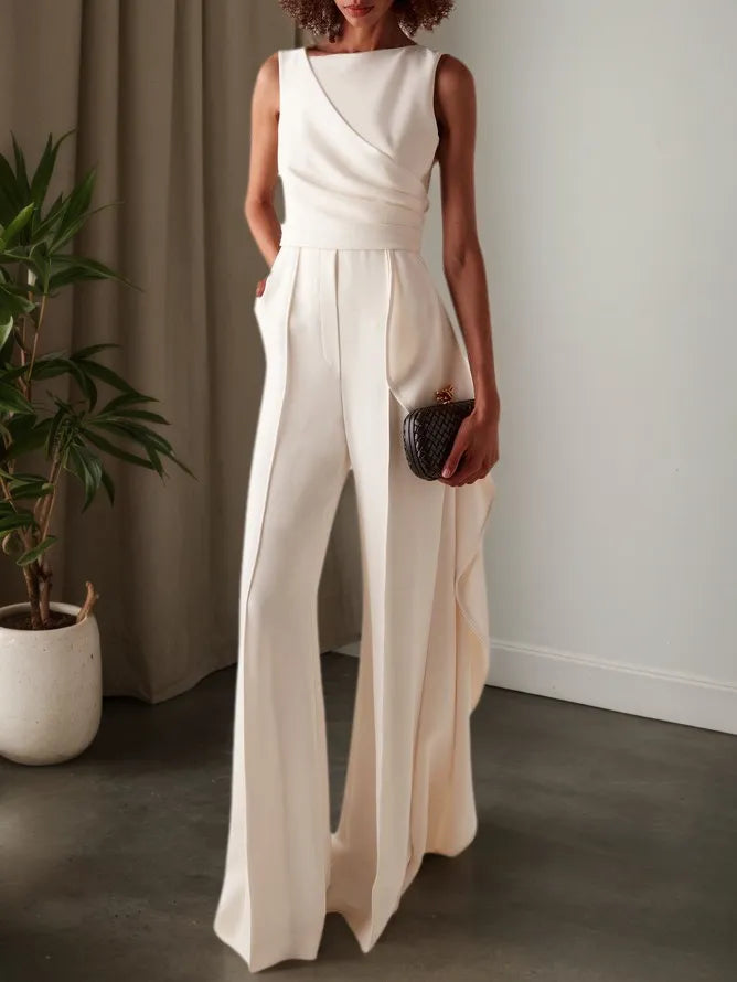 Women White Sleeveless Ruched Wide-Leg Jumpsuit