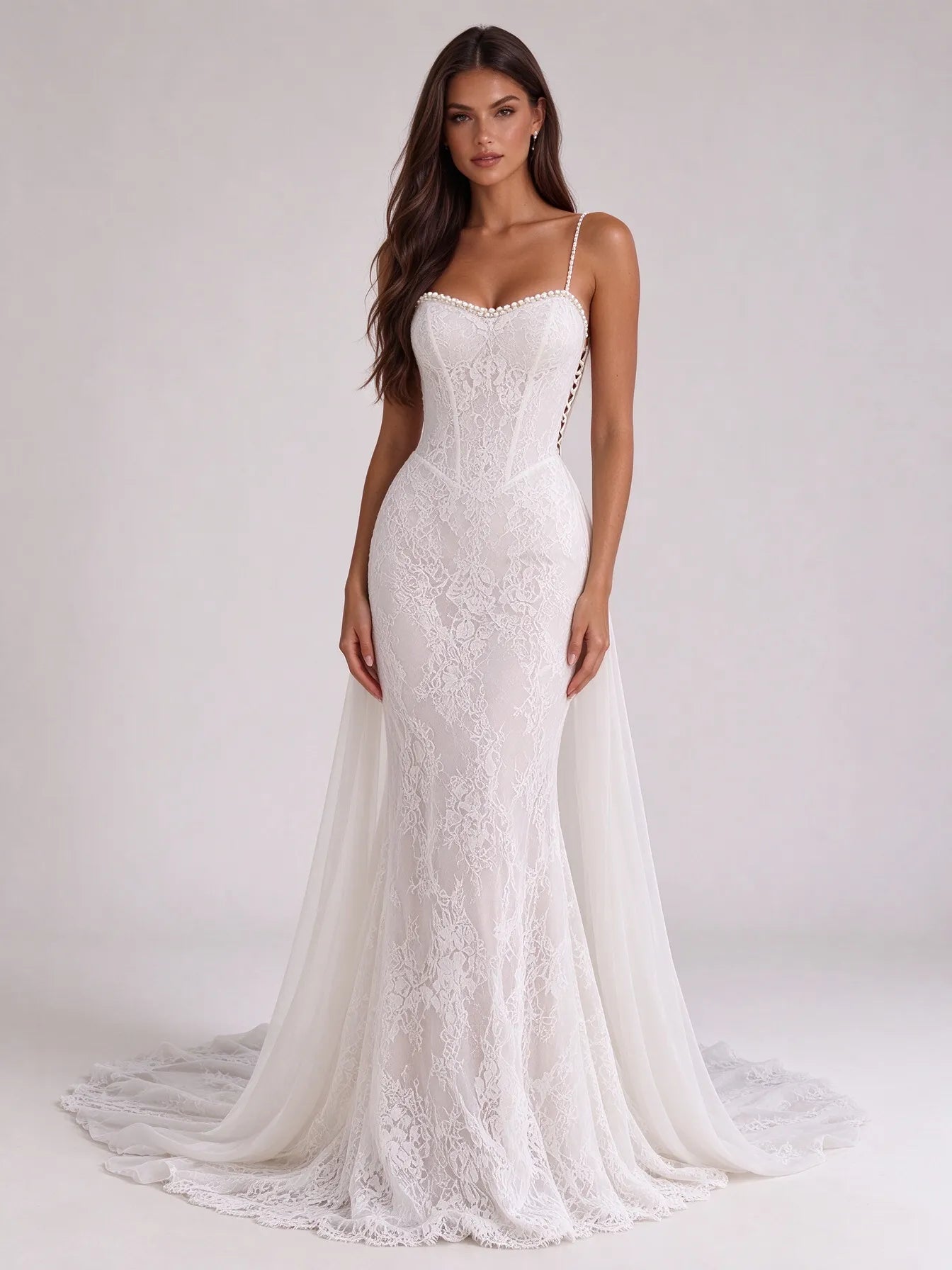 Pearl-Trimmed Lace Corset Mermaid Bridal Gown Wedding Dress with Flowing Train