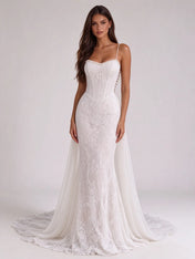 Pearl-Trimmed Lace Corset Mermaid Bridal Gown Wedding Dress with Flowing Train