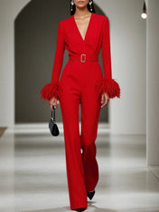 Women Red Feather-trimmed V Neck Long Sleeve Dressy Jumpsuit