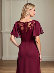 A Line Scoop Neck Short Sleeve Chiffon Mother of the Bride Dress With Leg Slit