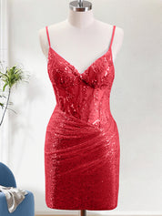 Red Spaghetti Straps Beaded Lace Applique Homecoming Dress