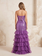 Strapless Purple Sequin Tiered Ruffle Mermaid Prom Dress