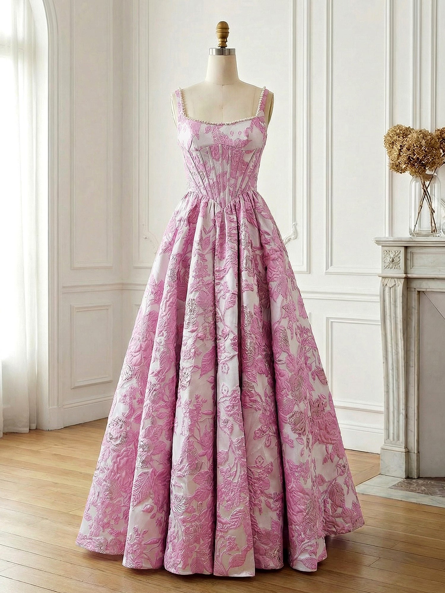 Pink Floral Brocade Pearl Long Long Corset Prom Dress