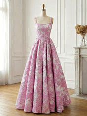 Pink Floral Brocade Pearl Long Long Corset Prom Dress