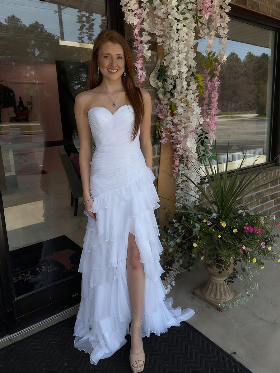 Yellow Mermaid Sweetheart Long Tiered Tulle Prom Dress with Slit