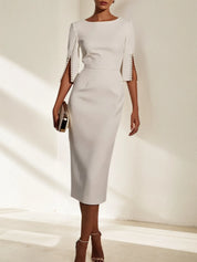White Imitation Pearls Classic Crew Neck Half Sleeve Sheath Midi Dress