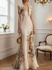 Beige Satin Floral Deep V Neck Short Sleeve Mermaid Gown Dress