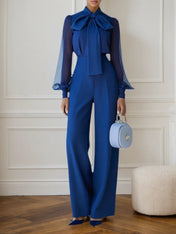Women Royal Blue Mesh Bow Tie Neck Long Sleeve Dressy Jumpsuit
