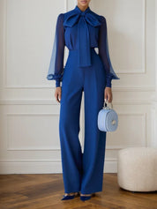 Women Royal Blue Mesh Bow Tie Neck Long Sleeve Dressy Jumpsuit