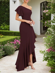 Mother Wedding Guest Dress Brown One Shoulder Ruffle Maxi Dress