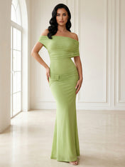 Green Off the Shoulder Maxi Dresses with Pleat Mermaid Evening Dress