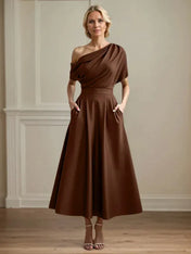 A Line Satin One Shoulder Pleated Ankle Length Mother of the Bride Dress