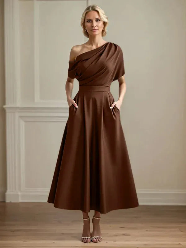 A Line Satin One Shoulder Pleated Ankle Length Mother of the Bride Dress