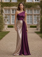 Elegant One-shoulder Ruched Satin Sleeveless Evening Dress