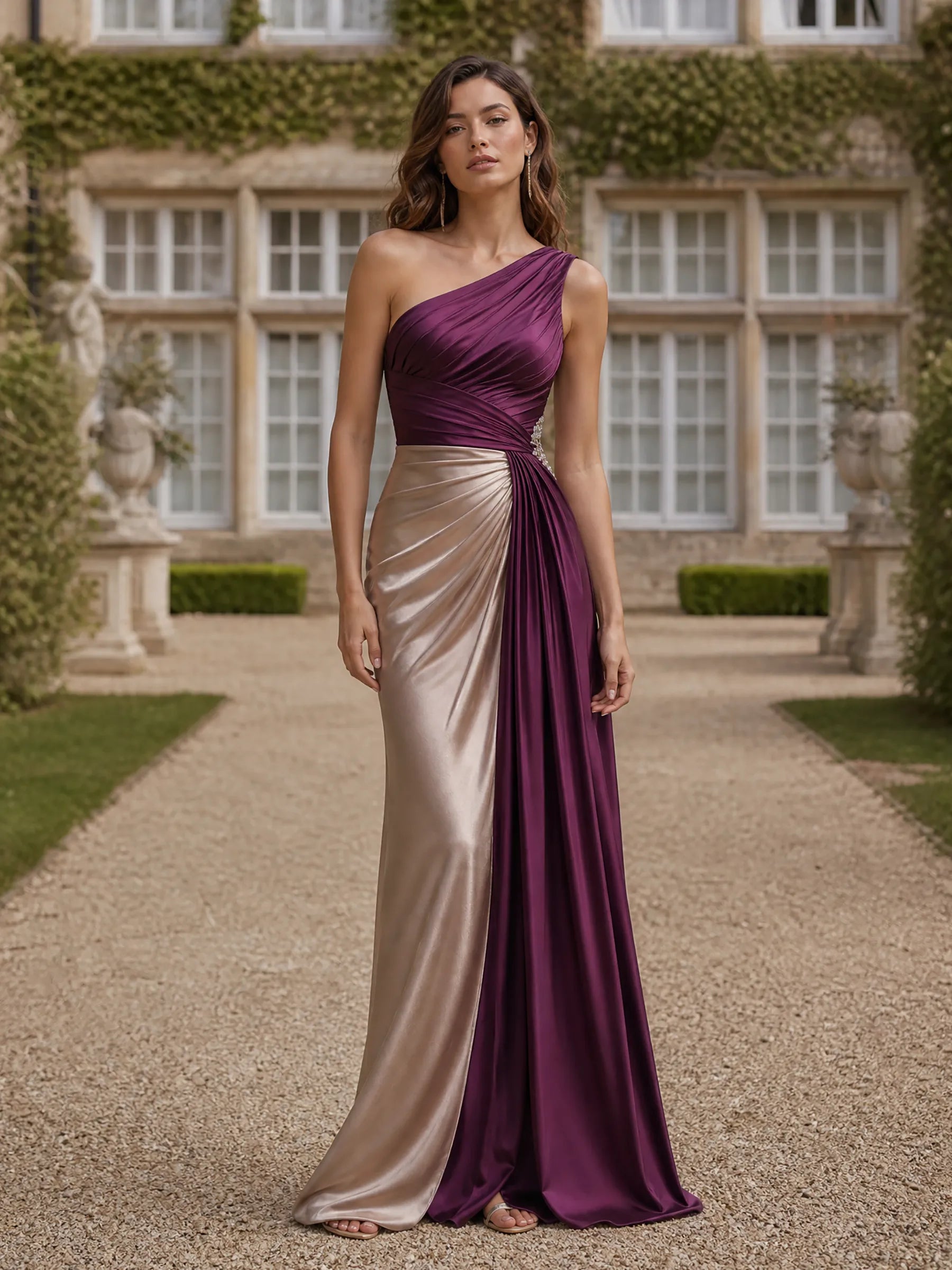 Elegant One-shoulder Ruched Satin Sleeveless Evening Dress
