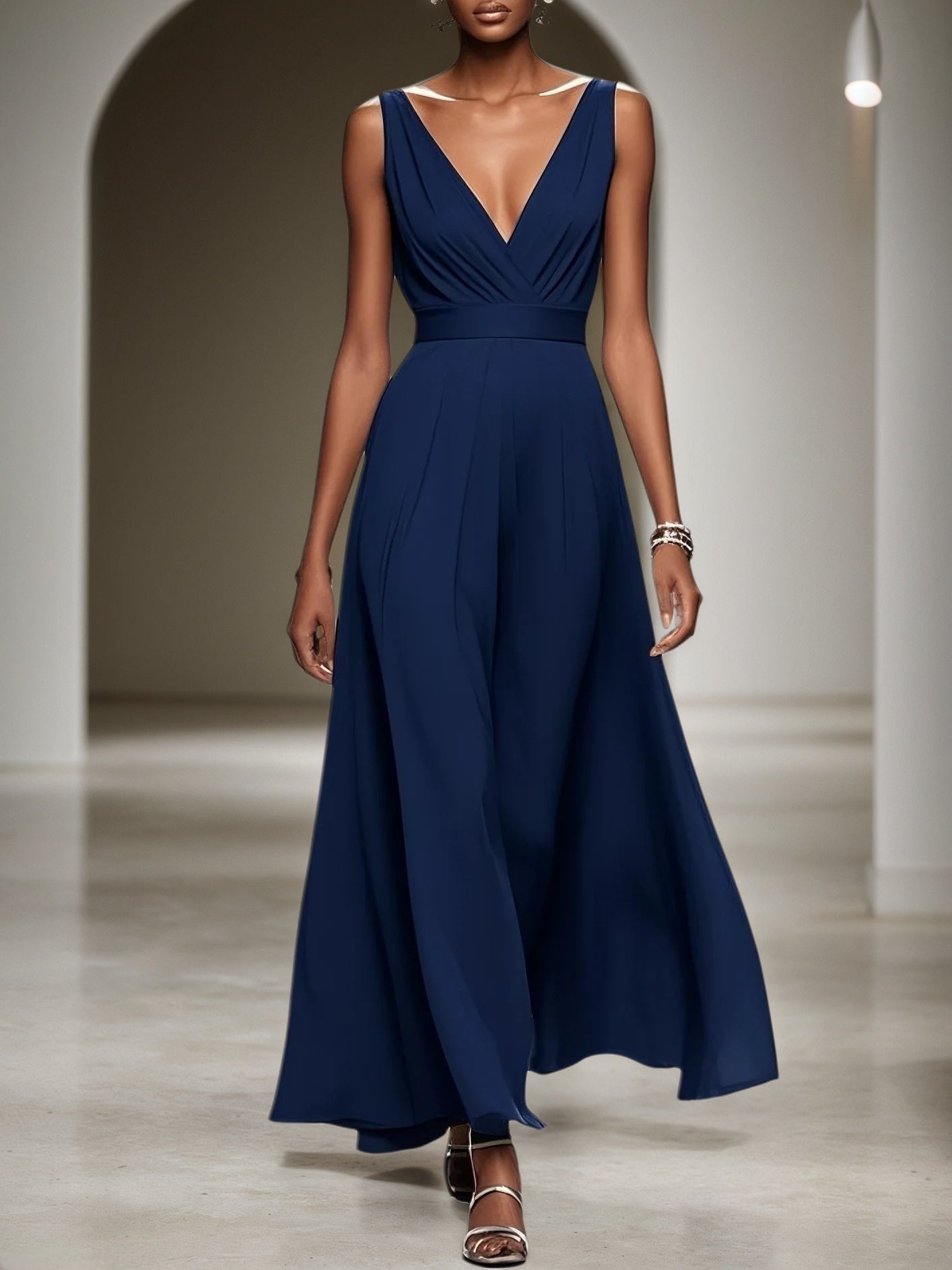 Navy Blue Classic V Neck Sleeveless A-Line Maxi Dress