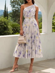 White Chiffon One Shoulder Sleeveless A-Line Midi Dress