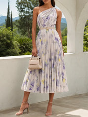 White Chiffon One Shoulder Sleeveless A-Line Midi Dress