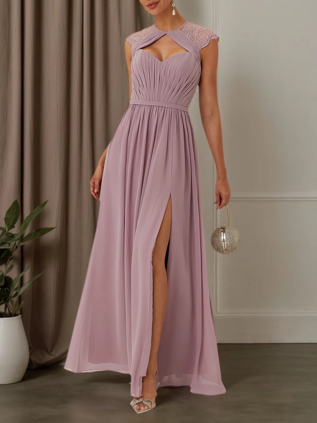 Pink Ruched Lace Chiffon Crew Neck Cap Sleeve A-Line Maxi Bridesmaid Dress
