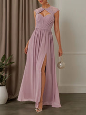 Pink Ruched Lace Chiffon Crew Neck Cap Sleeve A-Line Maxi Bridesmaid Dress