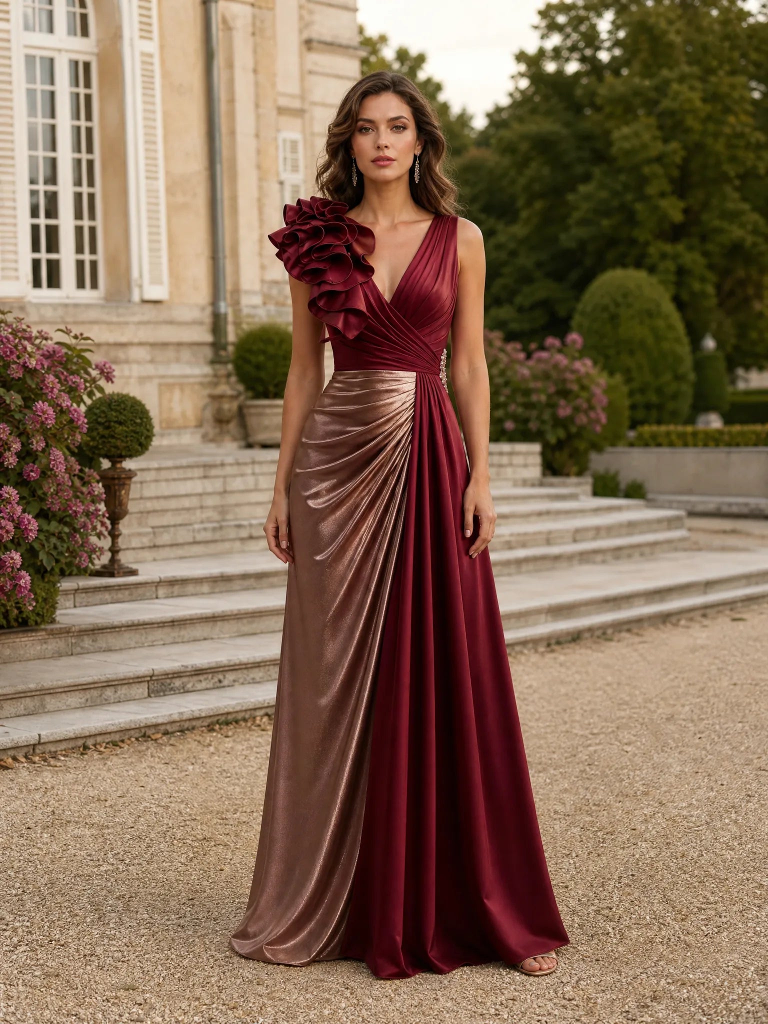 V-neck 3D Floral Color-Block Sleeveless Evening Dress