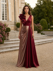 V-neck 3D Floral Color-Block Sleeveless Evening Dress