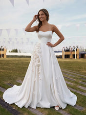 Strapless Sweetheart 3D Floral Applique Satin A-Line Wedding Dress