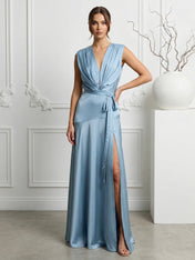 Blue Regular Straps Satin A Line Maxi Dress with Slit